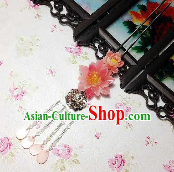 Traditional Chinese Ancient Classical Hair Accessories Hanfu Pink Shell Hair Clip Tassel Step Shake Bride Hairpins for Women