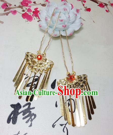 Traditional Chinese Ancient Classical Hair Accessories Golden Hair Stick Bride Tassel Step Shake Hairpins for Women