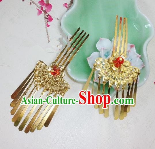 Traditional Chinese Ancient Classical Hair Accessories Golden Hair Comb Bride Tassel Step Shake Hairpins for Women