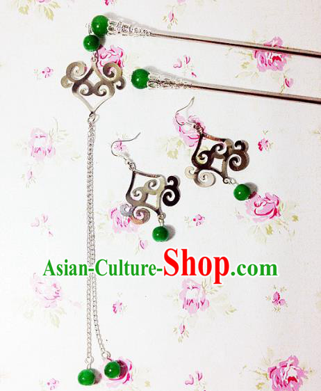 Traditional Handmade Chinese Ancient Classical Hair Accessories Bride Wedding Xiuhe Suit Green Beads Tassel Hairpins and Earrings for Women
