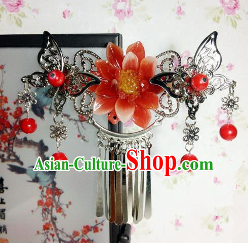 Traditional Chinese Ancient Classical Hair Accessories Princess Red Flower Hair Comb Tassel Step Shake Hairpins for Women