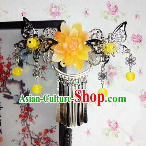 Traditional Chinese Ancient Classical Hair Accessories Princess Yellow Flower Butterfly Hair Comb Tassel Step Shake Hairpins for Women