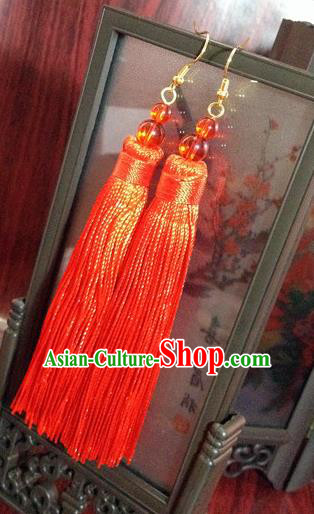 Traditional Handmade Chinese Ancient Classical Accessories Bride Wedding Xiuhe Suit Red Tassel Earrings for Women