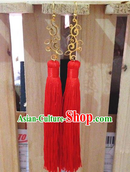 Traditional Handmade Chinese Ancient Classical Accessories Bride Wedding Xiuhe Suit Red Tassel Earrings for Women