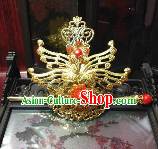 Traditional Handmade Chinese Classical Hair Accessories, Ancient Royal Highness Tuinga Red Beads Golden Hairdo Crown for Men