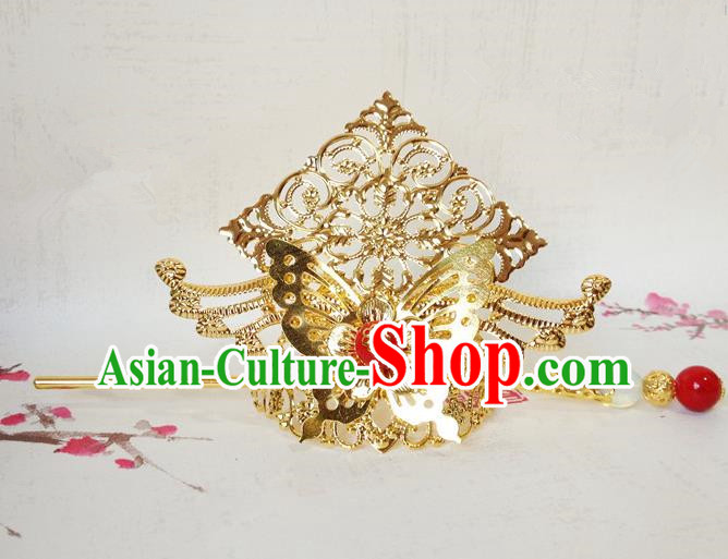 Traditional Handmade Chinese Classical Hair Accessories, Ancient Royal Highness Golden Butterfly Tuinga Hairdo Crown for Men