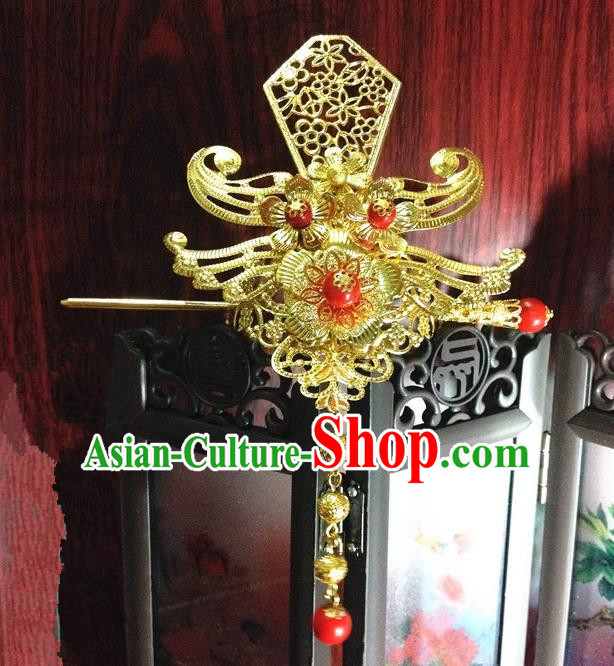 Traditional Handmade Chinese Classical Hair Accessories, Ancient Royal Highness Golden Headband Tassel Tuinga Hairdo Crown for Men