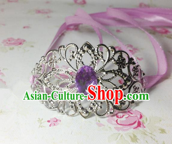 Traditional Handmade Chinese Classical Hair Accessories, Ancient Royal Highness Purple Crystal Ribbon Headband Tuinga Hairdo Crown for Men