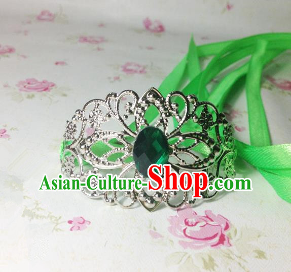 Traditional Handmade Chinese Classical Hair Accessories, Ancient Royal Highness Green Crystal Ribbon Headband Tuinga Hairdo Crown for Men