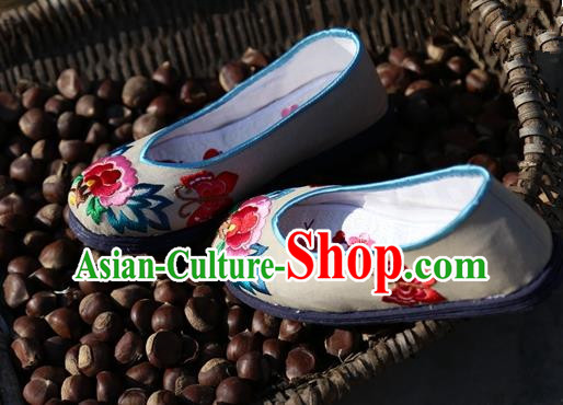 Asian Chinese Traditional Shoes Bride Grey Embroidered Shoes, China Peking Opera Handmade Embroidery Peony Shoe Hanfu Princess Shoes for Women