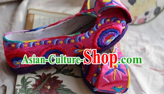 Asian Chinese Traditional Shoes Bride Pink Embroidered Shoes Become Warped Head Shoe, China Peking Opera Handmade Embroidery Lotus Shoe Hanfu Princess Shoes for Women