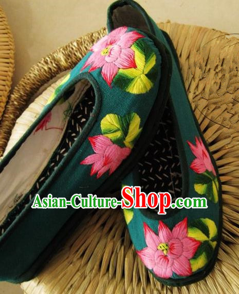Asian Chinese Traditional Shoes Bride Green Xiuhe Suit Embroidered Shoes, China Peking Opera Handmade Embroidery Lotus Shoe Hanfu Princess Shoes for Women