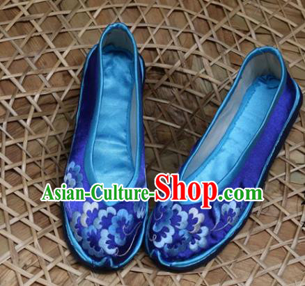 Asian Chinese Traditional Shoes Bride Xiuhe Suit Blue Embroidered Shoes, China Peking Opera Handmade Embroidery Shoe Hanfu Princess Shoes for Women