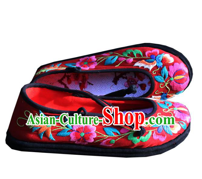 Asian Chinese Traditional Shoes Wedding Bride Red Embroidered Shoes, China Peking Opera Handmade Embroidery Peony Hanfu Shoes for Women