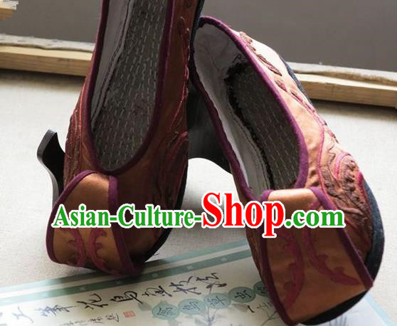 Asian Chinese Traditional Shoes Wedding Bride Brown Embroidered Shoes, China Peking Opera Handmade Embroidery Hanfu Shoes for Women