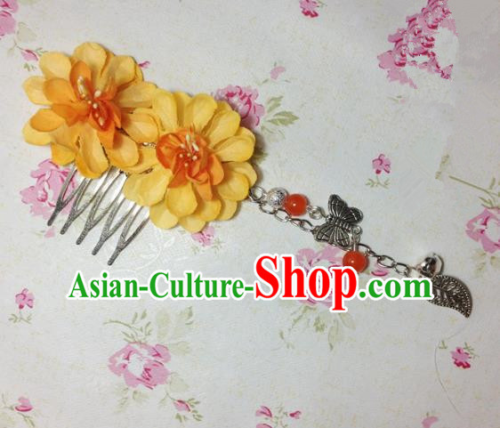 Traditional Chinese Ancient Classical Hair Accessories Hanfu Orange Flowers Hair Comb Bride Butterfly Tassel Hairpins for Women