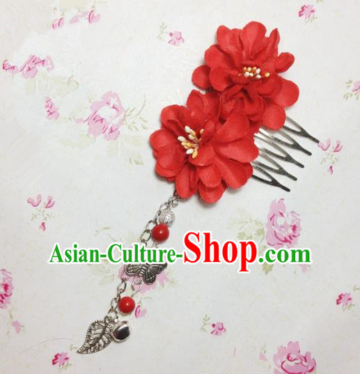 Traditional Chinese Ancient Classical Hair Accessories Hanfu Red Flowers Hair Comb Bride Butterfly Tassel Hairpins for Women