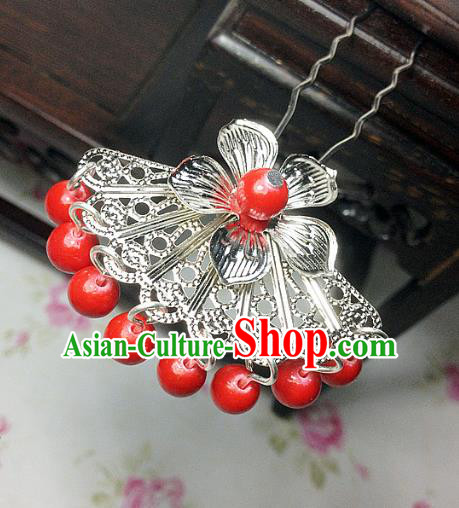 Traditional Chinese Ancient Classical Hair Accessories Hanfu Red Beads Tassel Hair Clip Bride Hairpins for Women