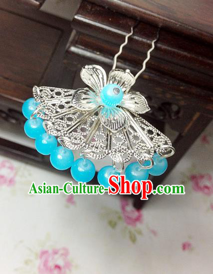 Traditional Chinese Ancient Classical Hair Accessories Hanfu Lake Blue Beads Tassel Hair Clip Bride Hairpins for Women
