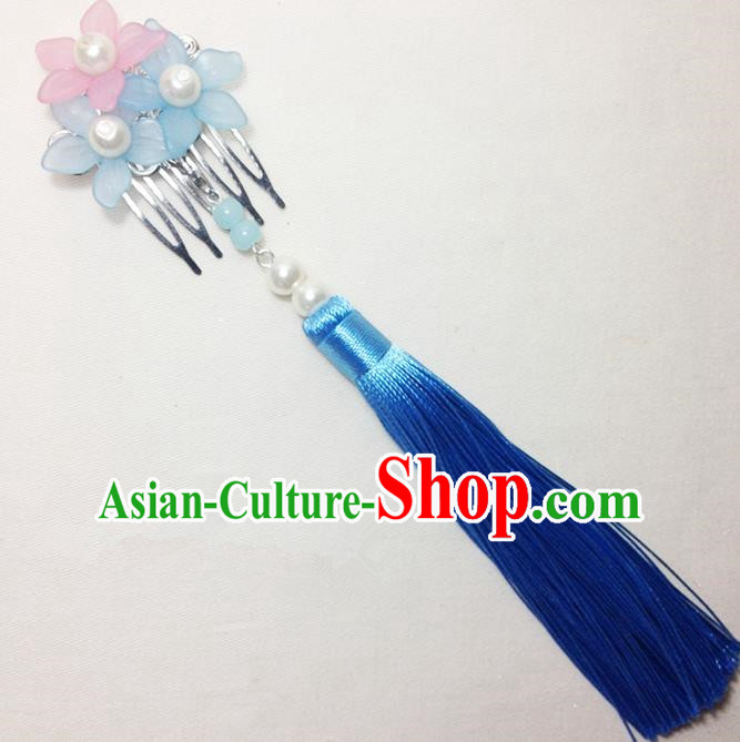 Traditional Chinese Ancient Classical Hair Accessories Hanfu Cheongsam Hair Comb Bride Blue Tassel Hairpins for Women