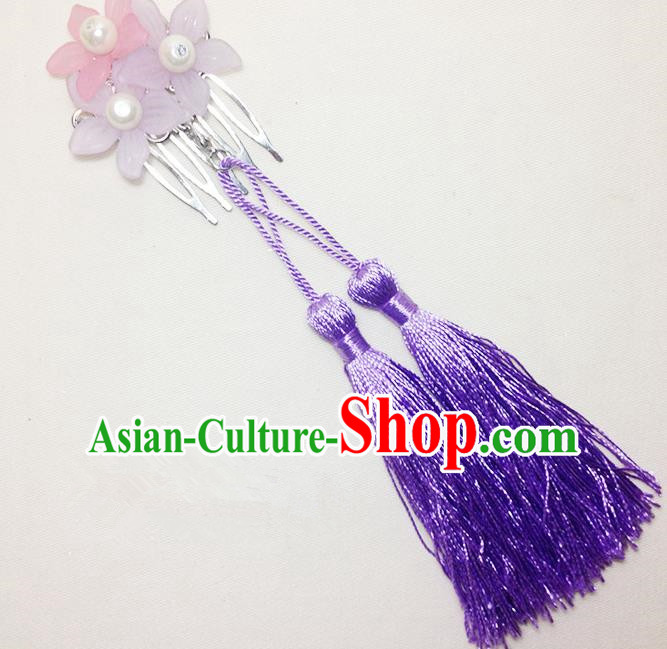 Traditional Chinese Ancient Classical Hair Accessories Hanfu Cheongsam Hair Comb Bride Purple Tassel Hairpins for Women