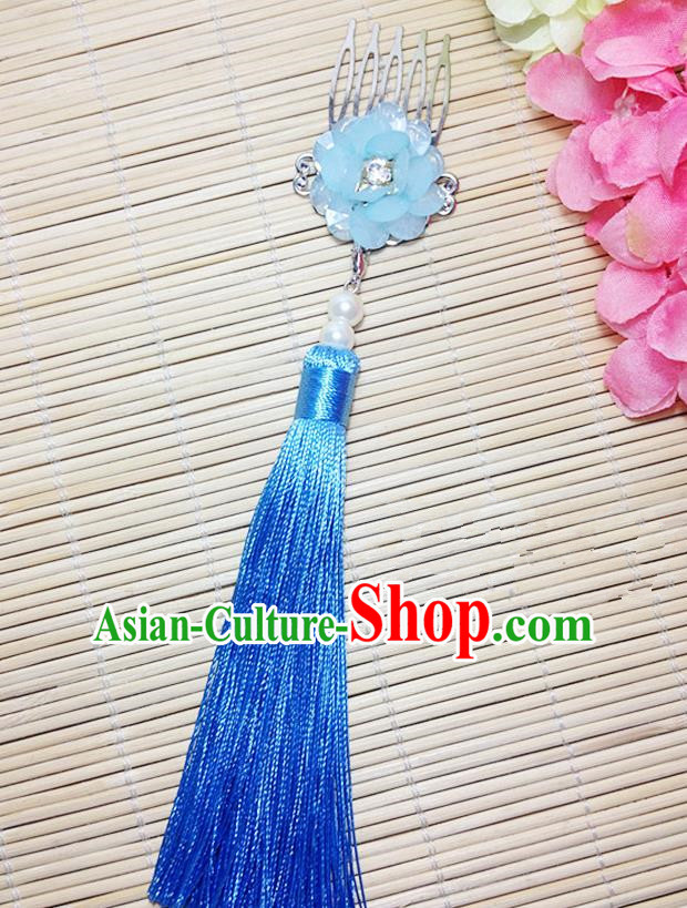 Traditional Chinese Ancient Classical Hair Accessories Hanfu Cheongsam Hair Comb Bride Light Blue Tassel Hairpins for Women