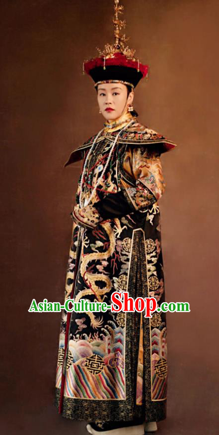 Traditional Ancient Chinese Qing Dynasty Manchu Imperial Empress Mandarin Embroidered Costume and Handmade Headpiece Complete Set for Women