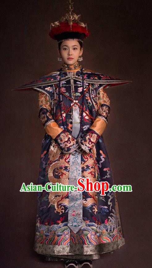 Traditional Ancient Chinese Qing Dynasty Palace Lady Manchu Imperial Concubine Embroidered Costume and Handmade Headpiece Complete Set for Women