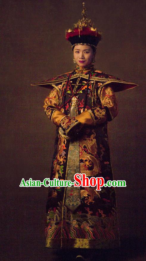 Traditional Ancient Chinese Qing Dynasty Palace Lady Manchu Imperial Concubine Embroidered Dragons Costume and Handmade Headpiece Complete Set