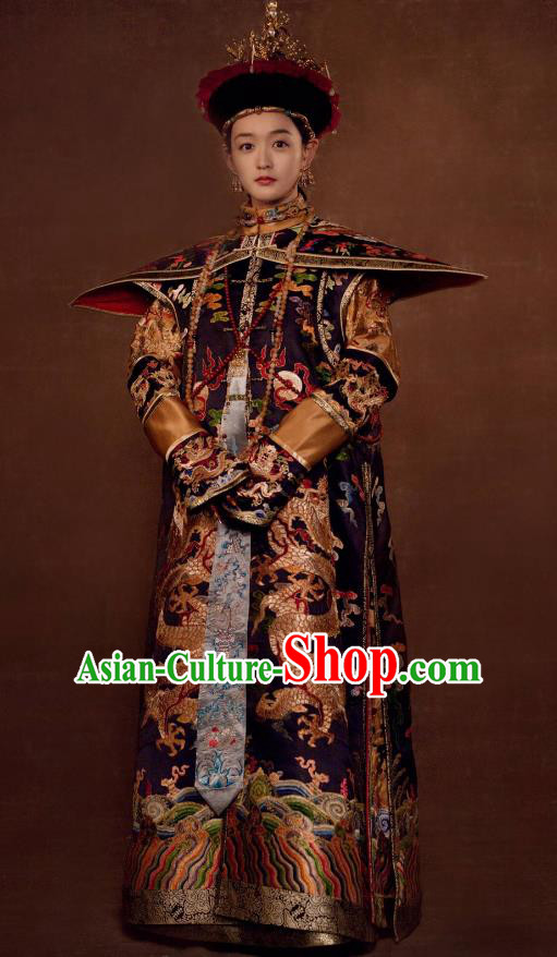 Traditional Ancient Chinese Qing Dynasty Palace Lady Court Dress Manchu Empress Embroidered Costume and Headpiece Complete Set