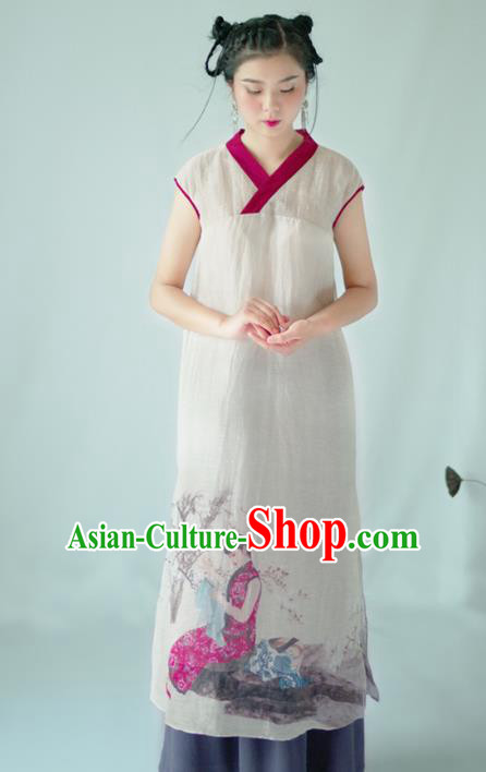 Asian China National Costume Hanfu Printing Qipao Dress, Traditional Chinese Tang Suit Cheongsam Clothing for Women