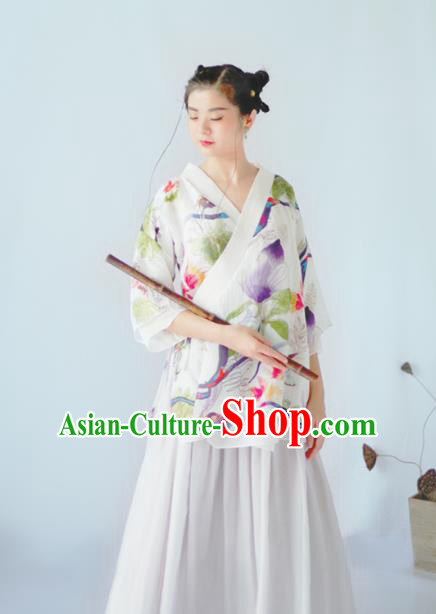 Asian China National Costume Hanfu Slant Opening Printing Flowers White Qipao Blouse, Traditional Chinese Tang Suit Cheongsam Shirts Clothing for Women