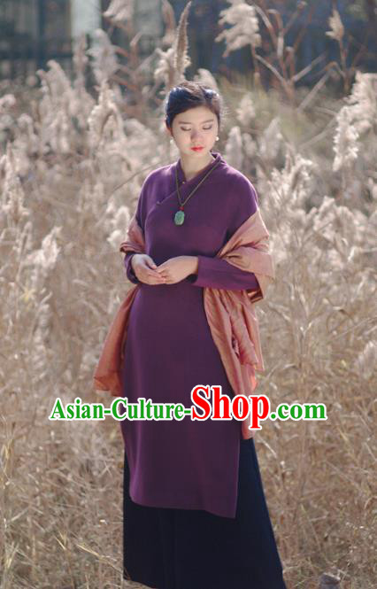 Asian China National Costume Hanfu Slant Opening Purple Woolen Qipao Dress, Traditional Chinese Tang Suit Cheongsam Clothing for Women