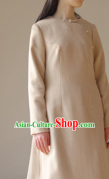 Asian China National Costume Hanfu Slant Opening Woolen Qipao Dust Coat, Traditional Chinese Tang Suit Cheongsam Dress Clothing for Women