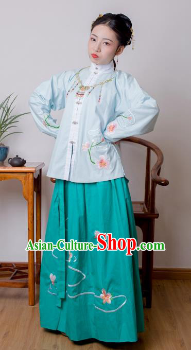 Asian China Ming Dynasty Princess Costume Blue Blouse and Green Skirt, Traditional Ancient Chinese Palace Lady Embroidered Hanfu Clothing for Women