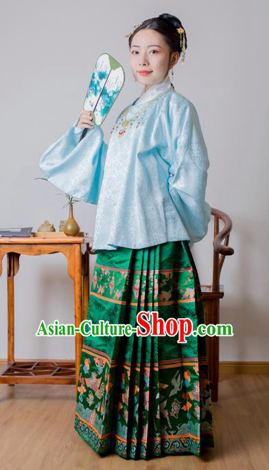 Asian China Ming Dynasty Palace Lady Costume Green Brocade Horse-face Skirt, Traditional Ancient Chinese Princess Hanfu Embroidered Clothing for Women