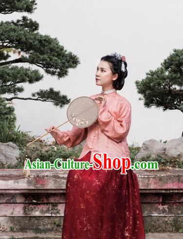 Asian China Ming Dynasty Palace Lady Costume Pink Brocade Blouse, Traditional Ancient Chinese Princess Hanfu Embroidered Clothing for Women