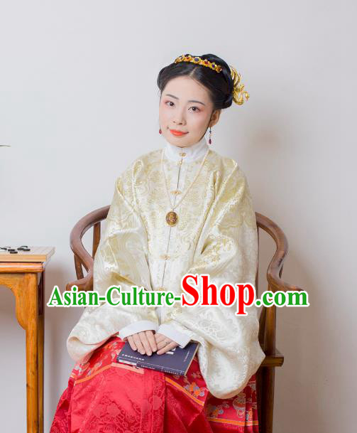 Asian China Ming Dynasty Palace Lady Costume White Brocade Wedding Blouse, Traditional Ancient Chinese Princess Hanfu Embroidered Clothing for Women