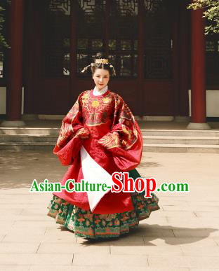 Asian China Ming Dynasty Palace Lady Wedding Costume Complete Set, Traditional Ancient Chinese Princess Hanfu Embroidered Clothing for Women