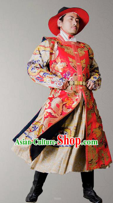 Asian China Ming Dynasty Swordsman Costume Red Brocade Vest, Traditional Ancient Chinese Imperial Emperor Waistcoat Clothing for Men