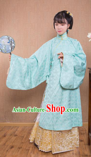 Asian China Ming Dynasty Princess Costume Blue Robe, Traditional Ancient Chinese Palace Lady Embroidered Hanfu Clothing for Women