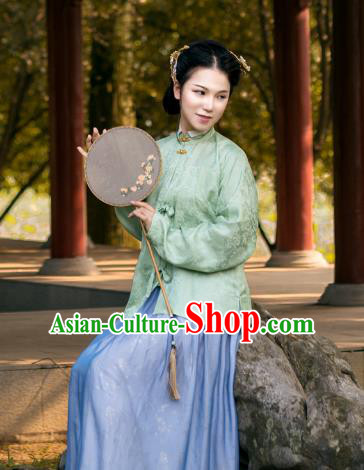 Asian China Ming Dynasty Princess Costume Green Blouse, Traditional Ancient Chinese Palace Lady Embroidered Hanfu Shirts Clothing for Women