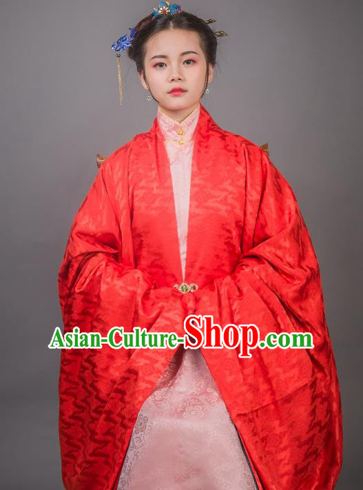 Asian China Ming Dynasty Princess Costume Red Cloak, Traditional Ancient Chinese Palace Lady Embroidered Hanfu Cape Clothing for Women