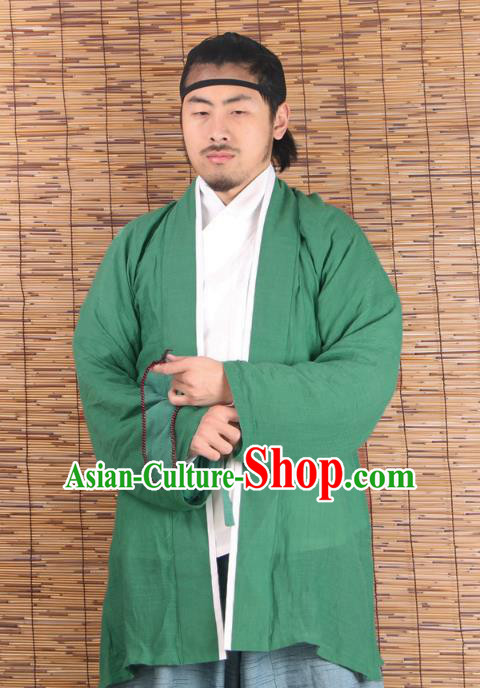 Asian China Ming Dynasty Swordsman Costume Green Shirts, Traditional Ancient Chinese Youxia Hanfu BeiZi Clothing for Men