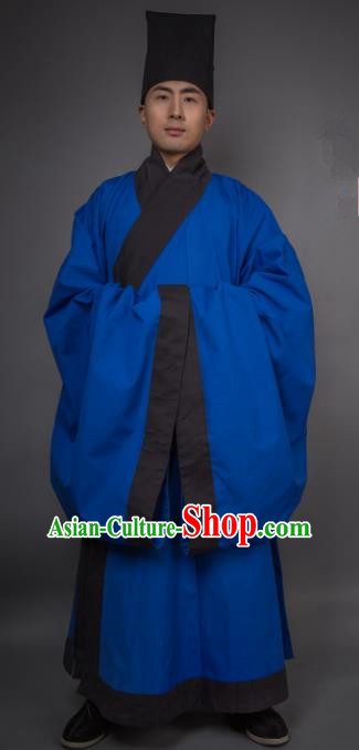 Asian China Han Dynasty Minister Costume Blue Robe, Traditional Ancient Chinese Chancellor Hanfu Clothing for Men