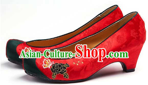 Traditional Korean National Embroidered Shoes, Asian Korean Hanbok Pink Wedding Shoes for Women