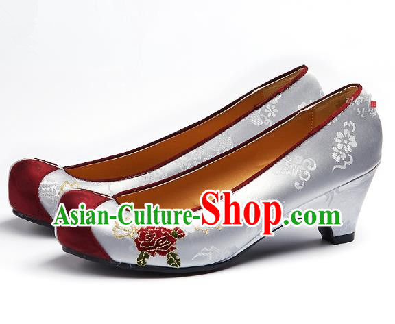 Traditional Korean National Embroidered Shoes, Asian Korean Hanbok Grey Wedding Shoes for Women
