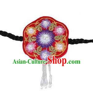 Traditional Korean Hair Accessories, Asian Korean Fashion Headwear Embroidered Tassel Red Hair Clasp for Kids