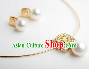 Traditional Korean Accessories Pearls Necklace and Earrings, Asian Korean Fashion Wedding Tassel Decorations for Women