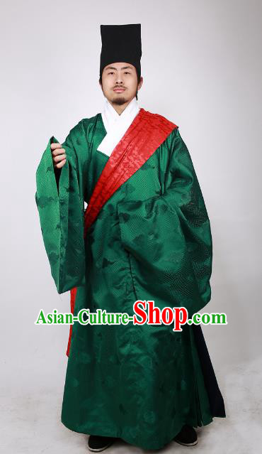 Asian China Ming Dynasty Minister Costume Green Brocade Robe, Traditional Ancient Chinese Chancellor Hanfu Clothing for Men